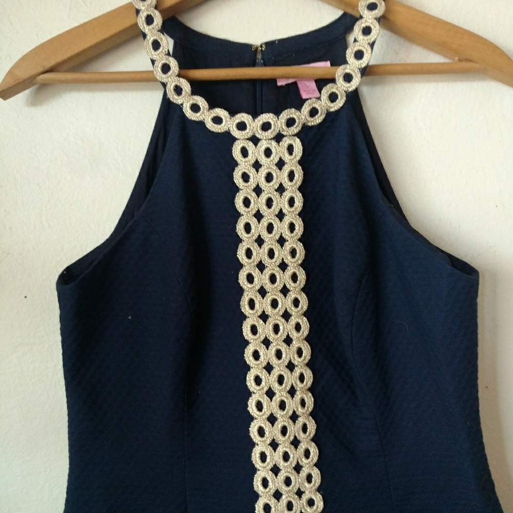 Lilly Pulitzer Sasha Shift Dress Blue Gold Lace 2 - Picture 6 of 8